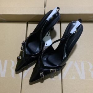 ZA2025New Black French Cross Buckle Fashion High Heels Women Pointed Toe High Heels Outdoor Back Strap Hollow Shoes
