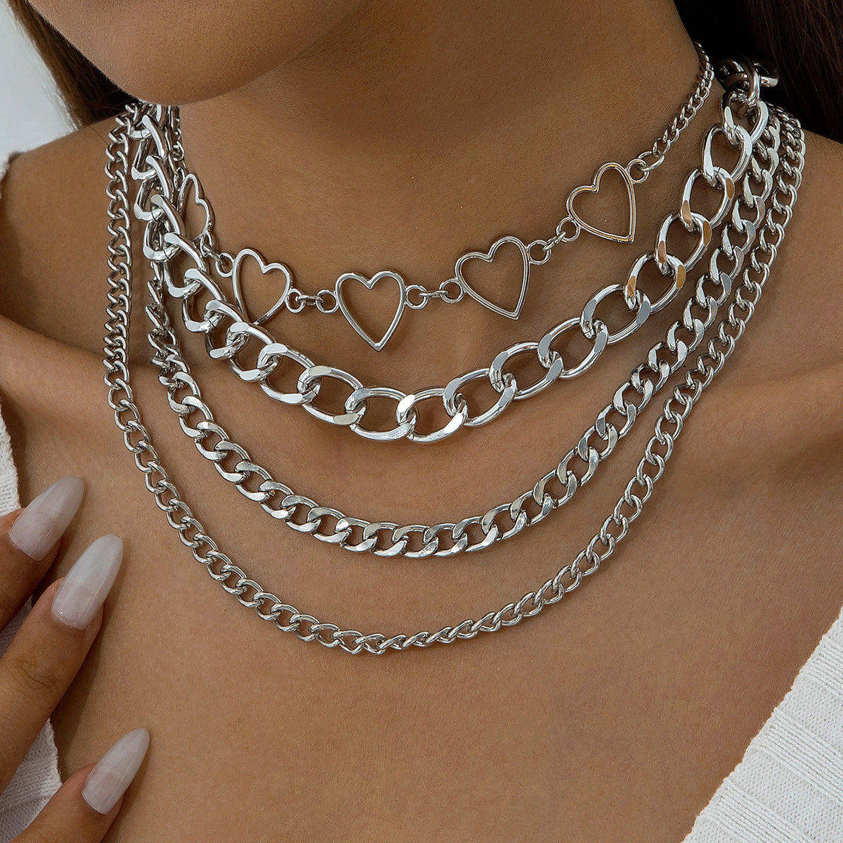 European and American Style Jewelry Hip-Hop Personality Geometric Exaggerated Necklace Heart-shaped Flat Thick Chain Hollow Multi-layer Necklace Wholesale - 图片 3