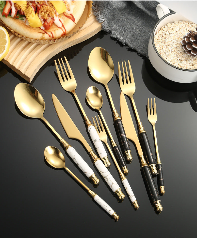 Stainless Steel Cutlery Restaurant Western Steak Knife Fork Imitation Marble Pattern Ceramic Handle Knife Fork Spoon Tea Spoon Tea Fork Set - 图片 52