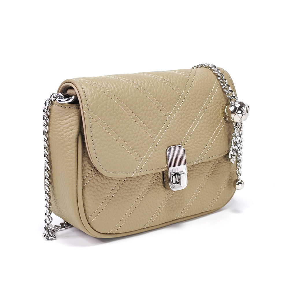 Genuine Leather Women's Bag New Metal Chain Small Square Bag Simple Versatile Chanel Style Single Shoulder Solid Color Embroidered Thread Crossbody Bag - 图片 13