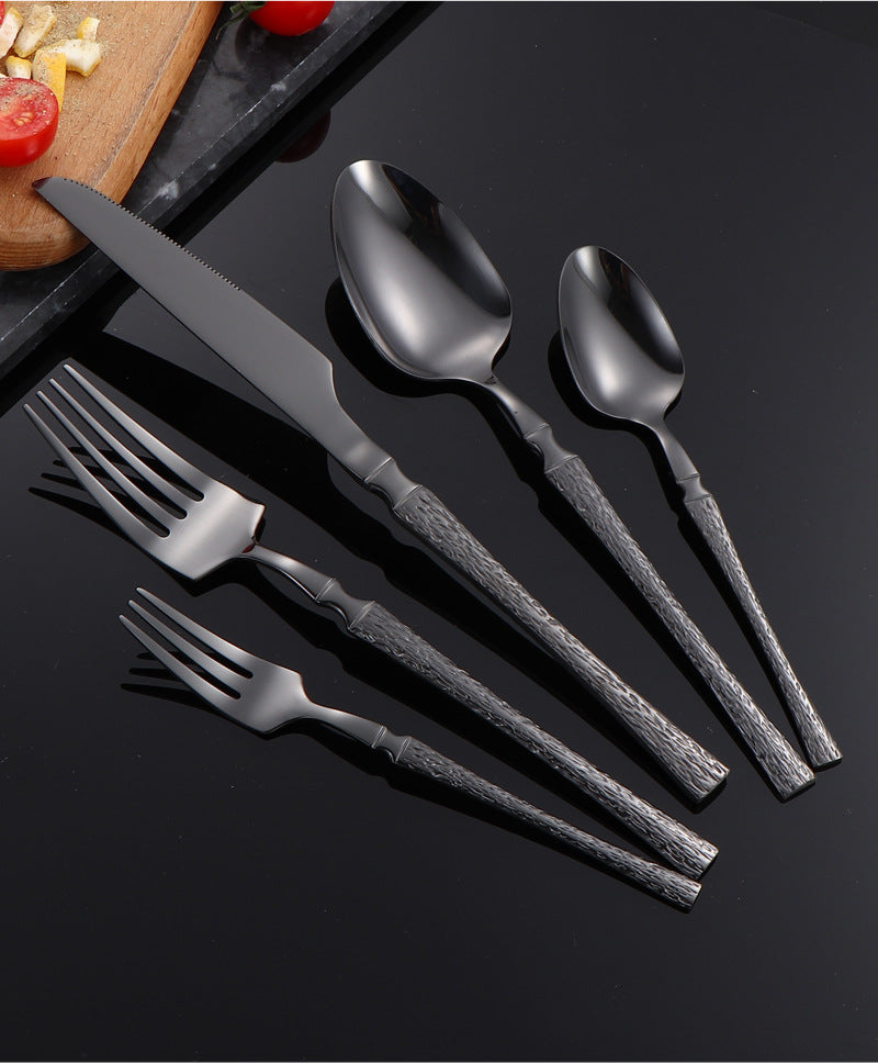 410Stainless Steel Cutlery Hotel Restaurant Hammered Knife Fork Spoon Set Western Small Waist Bark Pattern Steak Knife Fork - 图片 40