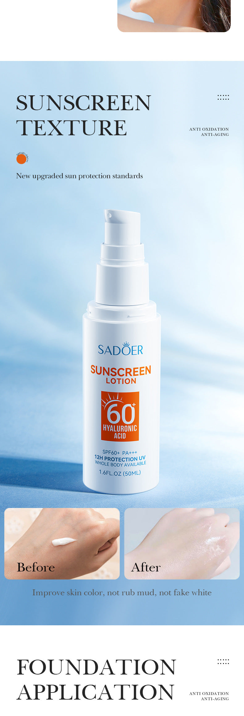 Hyaluronic Acid Sunscreen SADOER Uv Protection SPF60+Isolation Sunscreen Lotion Cross-Border Wholesale - 图片 13