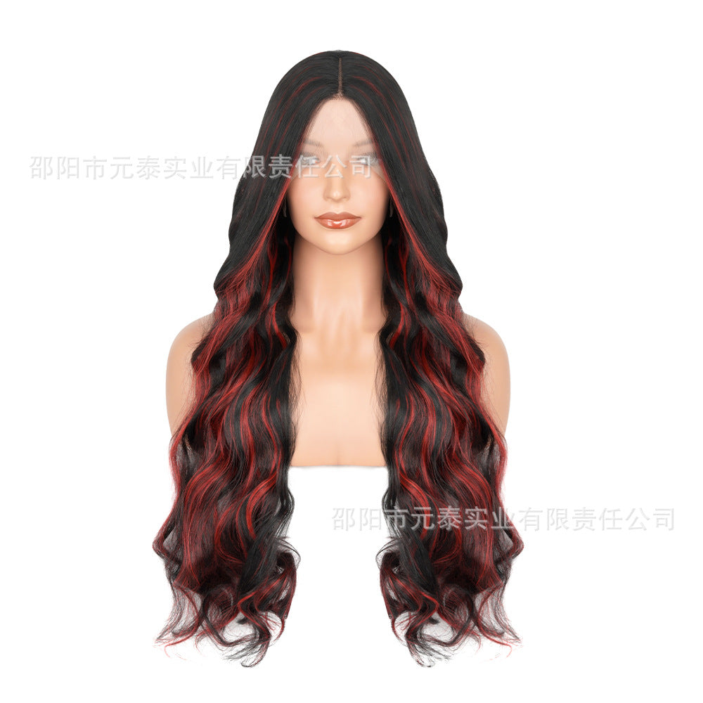 Wig for Women, Front Lace, Wavy Long Curly Hair, Red and Black Gradient Color, High-Temperature Fiber, Synthetic Hair Wig, European and American Cross-Border