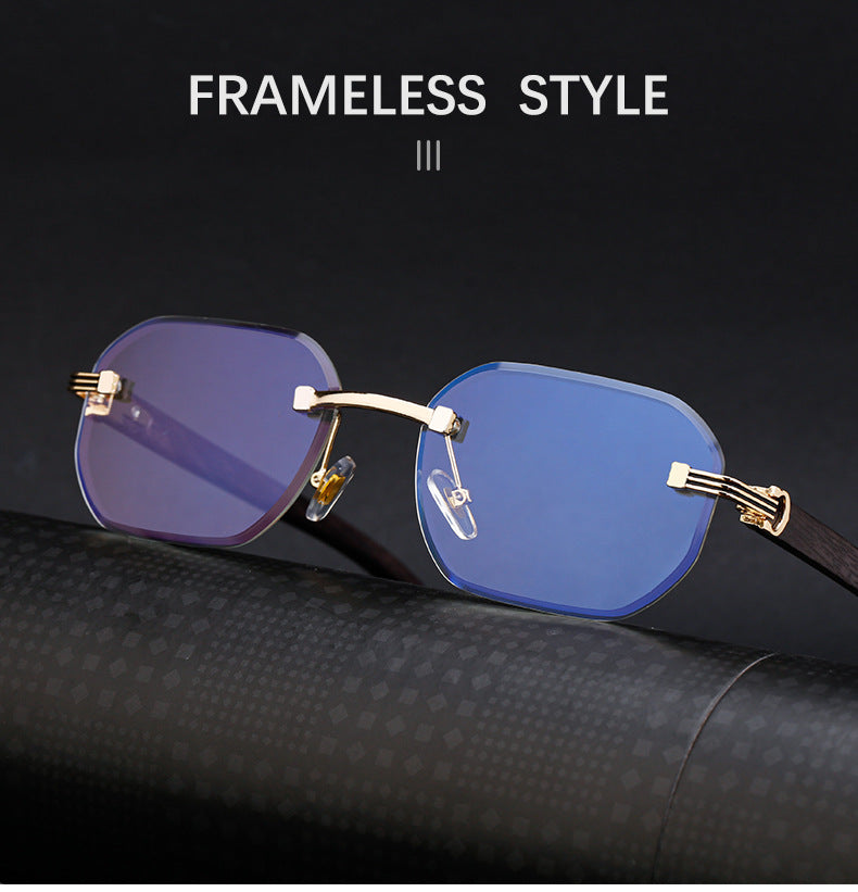 【Customization】Diamond Cut Rimless Glasses for Men, European and American Retro Style, Imitation Wood Grain Temple Sunglasses, Sun Protection Sunglasses - 图片 14