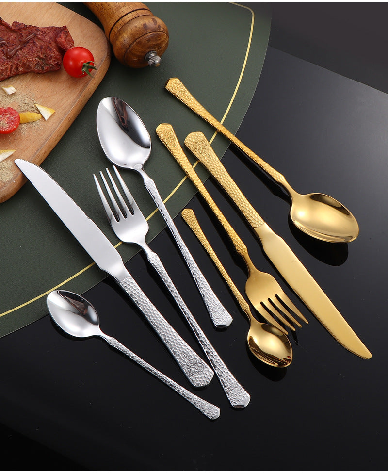 410Stainless Steel Tableware Hotel Restaurant Hammered Knife Fork Spoon24Set of High-End Western Cuisine Embossed Steak Knives and Forks - 图片 38