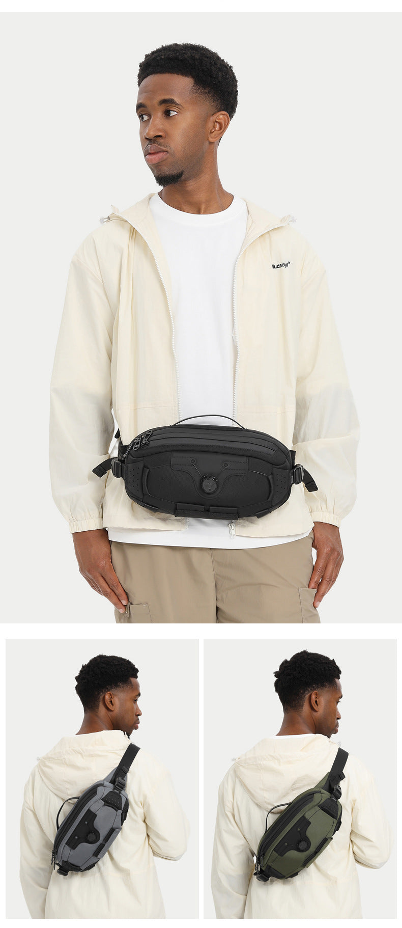 OZUKO Men's Chest Bag Crossbody Waist Bag Multifunctional Tactical Waterproof Portable Outdoor Cycling Trendy Brand High-end Bag - 图片 21