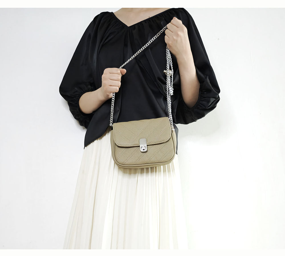 Genuine Leather Women's Bag New Metal Chain Small Square Bag Simple Versatile Chanel Style Single Shoulder Solid Color Embroidered Thread Crossbody Bag - 图片 39