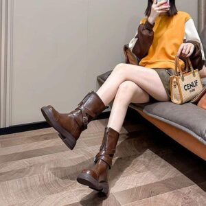 2025Spring and Autumn New Over-the-Knee Boots Women's Martin Boots Belt Buckle Thick-Soled Motorcycle Rider Boots High Tube Fashion Boots