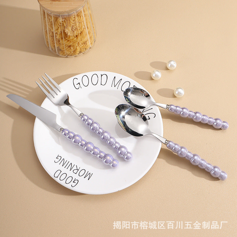 Pearl Ceramic Handle Knife European Style Set Light Luxury Nordic Style304Stainless Steel Western Cutlery Knife Fork Spoon INS - 图片 10