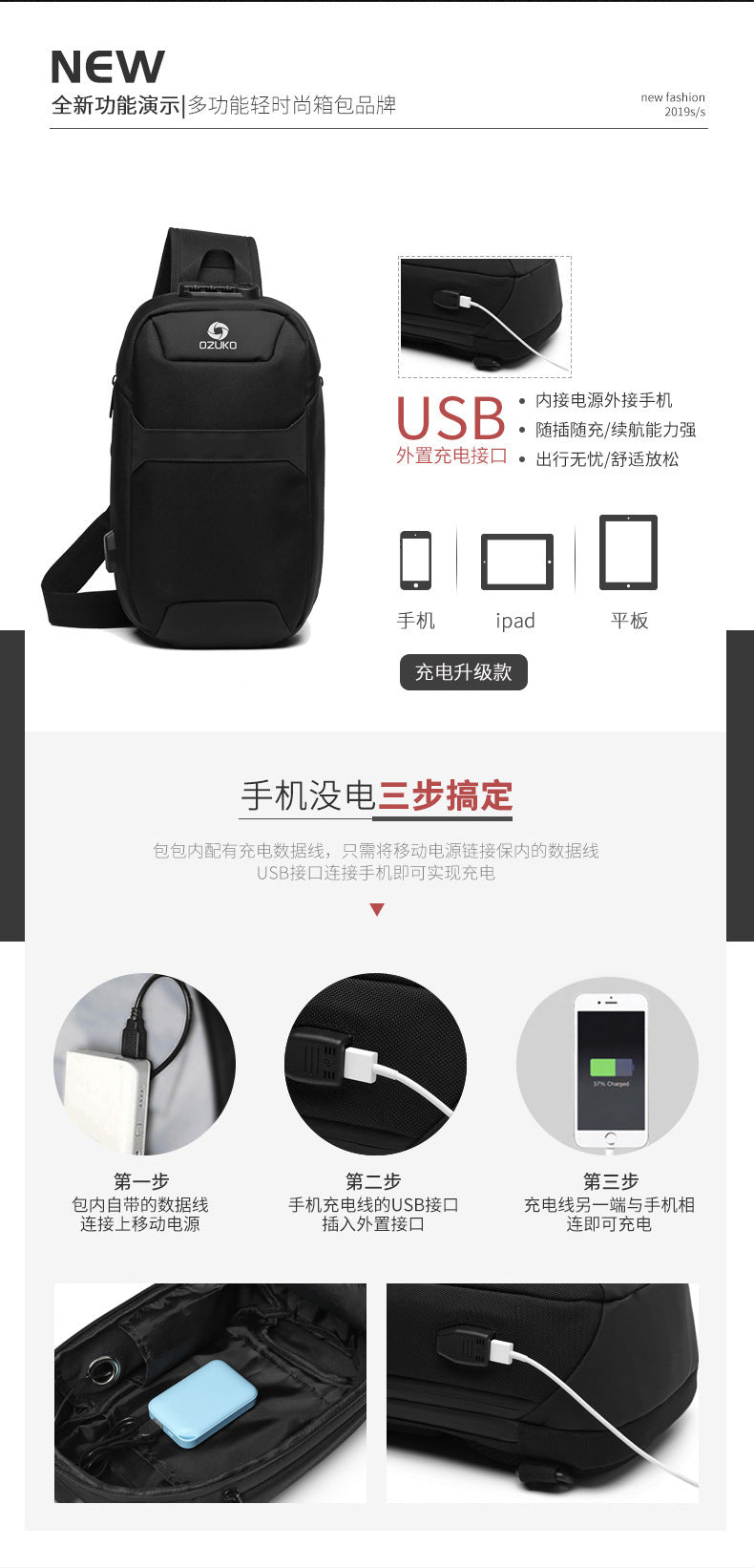 OZUKO Anti-theft Men's Chest Bag Waterproof Oxford Cloth Single Shoulder Crossbody Bag Chest Portable Multifunctional Trendy Bag - 图片 22