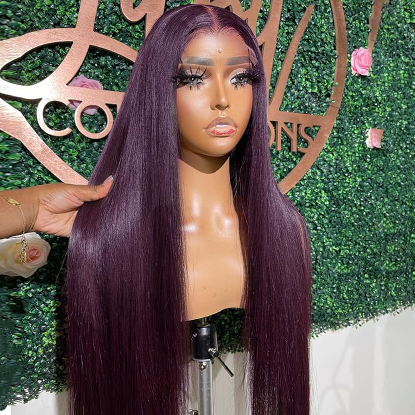 Wig Wine Red European and American Ladies Wig Long Straight Hair with Middle Part and Front Lace Synthetic Fiber13*4*1 T Headband Outer - 图片 11