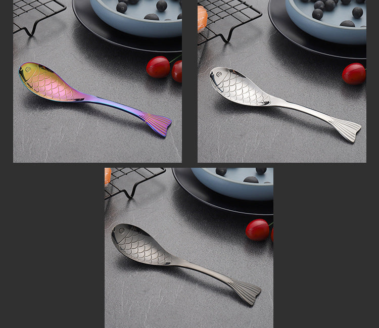 304Stainless Steel Spoon Cooking Restaurant Spoon Pickled Fish Spoon Cartoon Spoon PVD Titanium-plated Colorful Fish Tail Cute Spoon - 图片 28