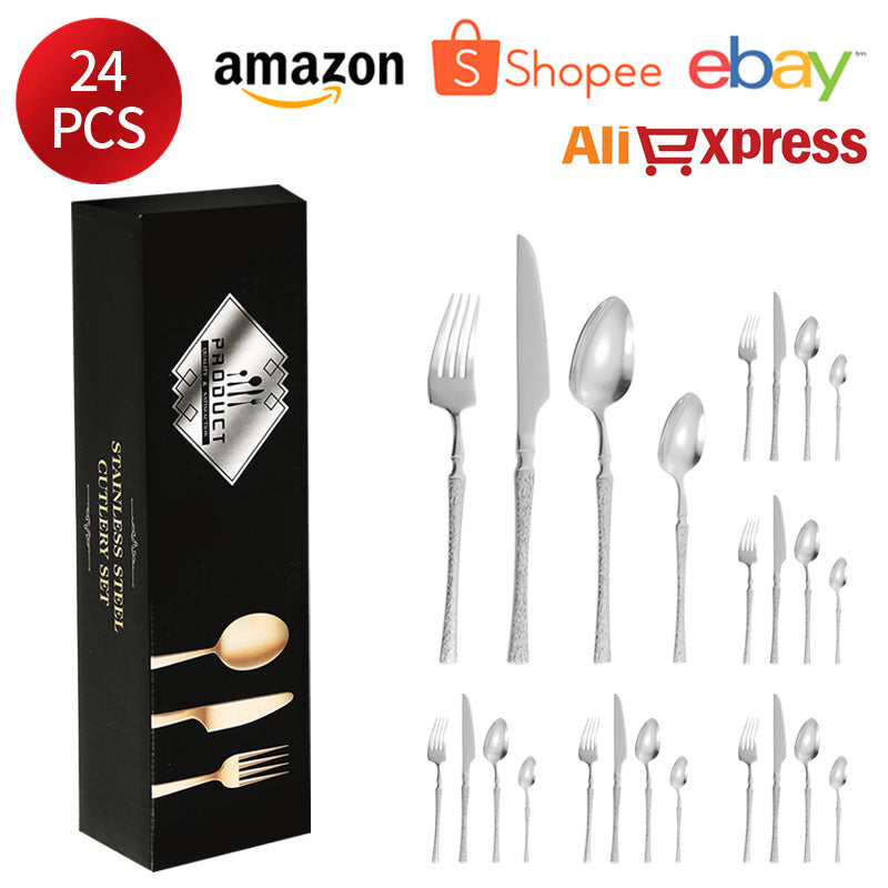 410Stainless Steel Cutlery Hotel Restaurant Hammered Knife Fork Spoon Set Western Small Waist Bark Pattern Steak Knife Fork - 图片 18