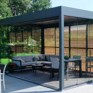 Outdoor Garden Motorized Louvered Roof System Bioclimatic Pergola Outdoor Aluminum Pergola With Sliding Glass Door and Louvered