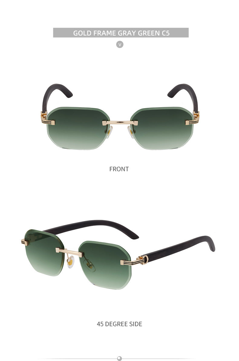 【Customization】Diamond Cut Rimless Glasses for Men, European and American Retro Style, Imitation Wood Grain Temple Sunglasses, Sun Protection Sunglasses - 图片 28