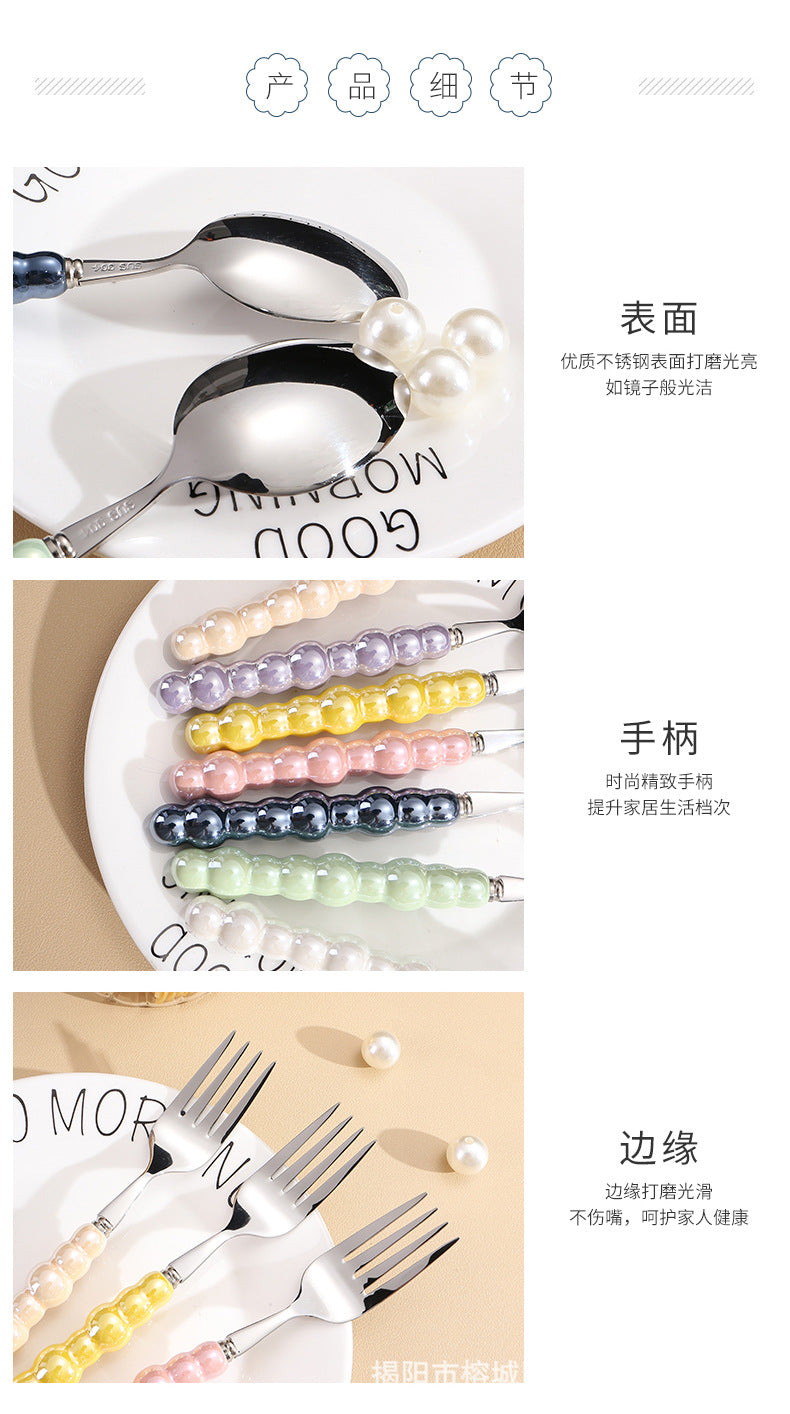 Pearl Ceramic Handle Knife European Style Set Light Luxury Nordic Style304Stainless Steel Western Cutlery Knife Fork Spoon INS - 图片 26