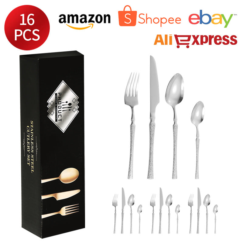 410Stainless Steel Cutlery Hotel Restaurant Hammered Knife Fork Spoon Set Western Small Waist Bark Pattern Steak Knife Fork - 图片 21
