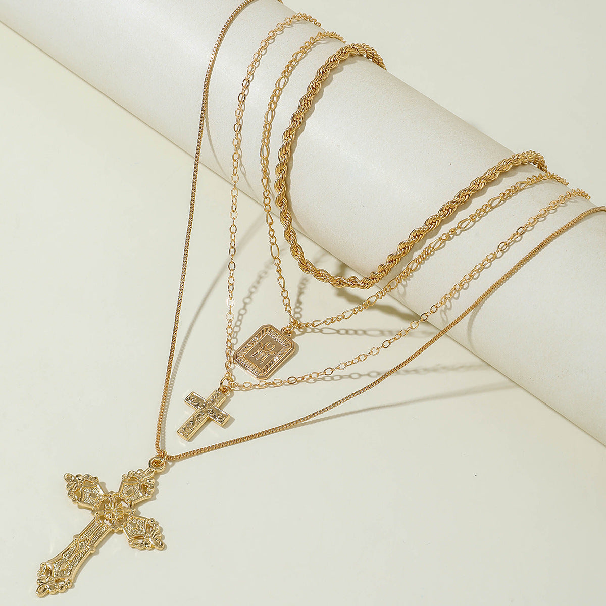 European and American Retro Hollow Diamond Cross Pendant Necklace Gothic Style Black Layered Wear Y Type Necklace - 图片 51