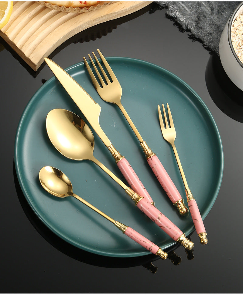 Stainless Steel Cutlery Restaurant Western Steak Knife Fork Imitation Marble Pattern Ceramic Handle Knife Fork Spoon Tea Spoon Tea Fork Set - 图片 54
