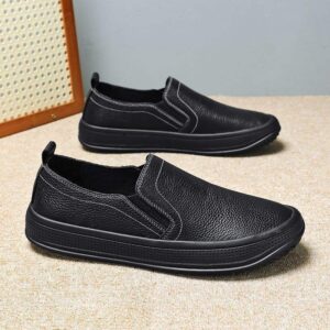 2025Spring Leather Casual Dad Shoes Round Toe Slip-On Leather Shoes Soft Sole Soft Surface Non-Slip Wear-Resistant Men's Shoes
