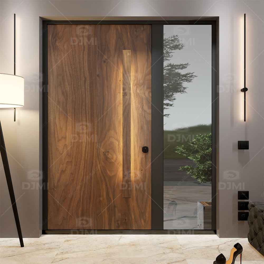 Natural Ash Solid Wood clear Lacquer 3D Irregular Surface Design Modern Front Entry Pivot Door with Long Handle and Smart Lock - 图片 4