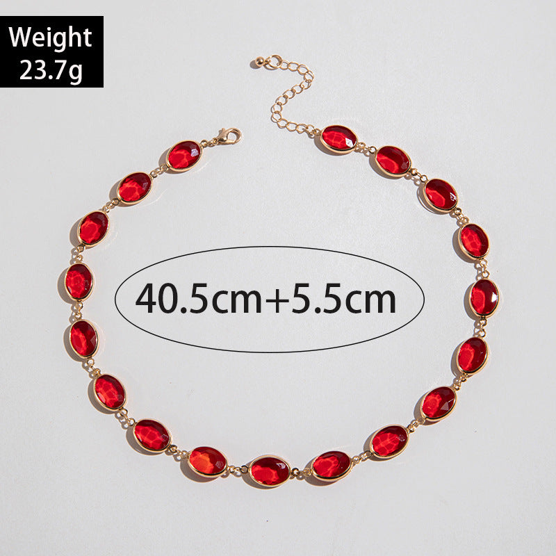 European and American Jewelry Red Diamond Cross Pendant Pearl Necklace Geometric Oval Red Diamond Necklace Wholesale - 图片 7