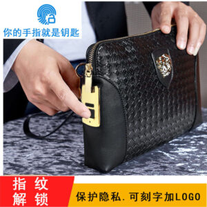 Fingerprint Lock Clutch Bag Large Capacity Business Men's Genuine Leather Handheld Luxury Woven Clutch Portable Fingerprint Unlock