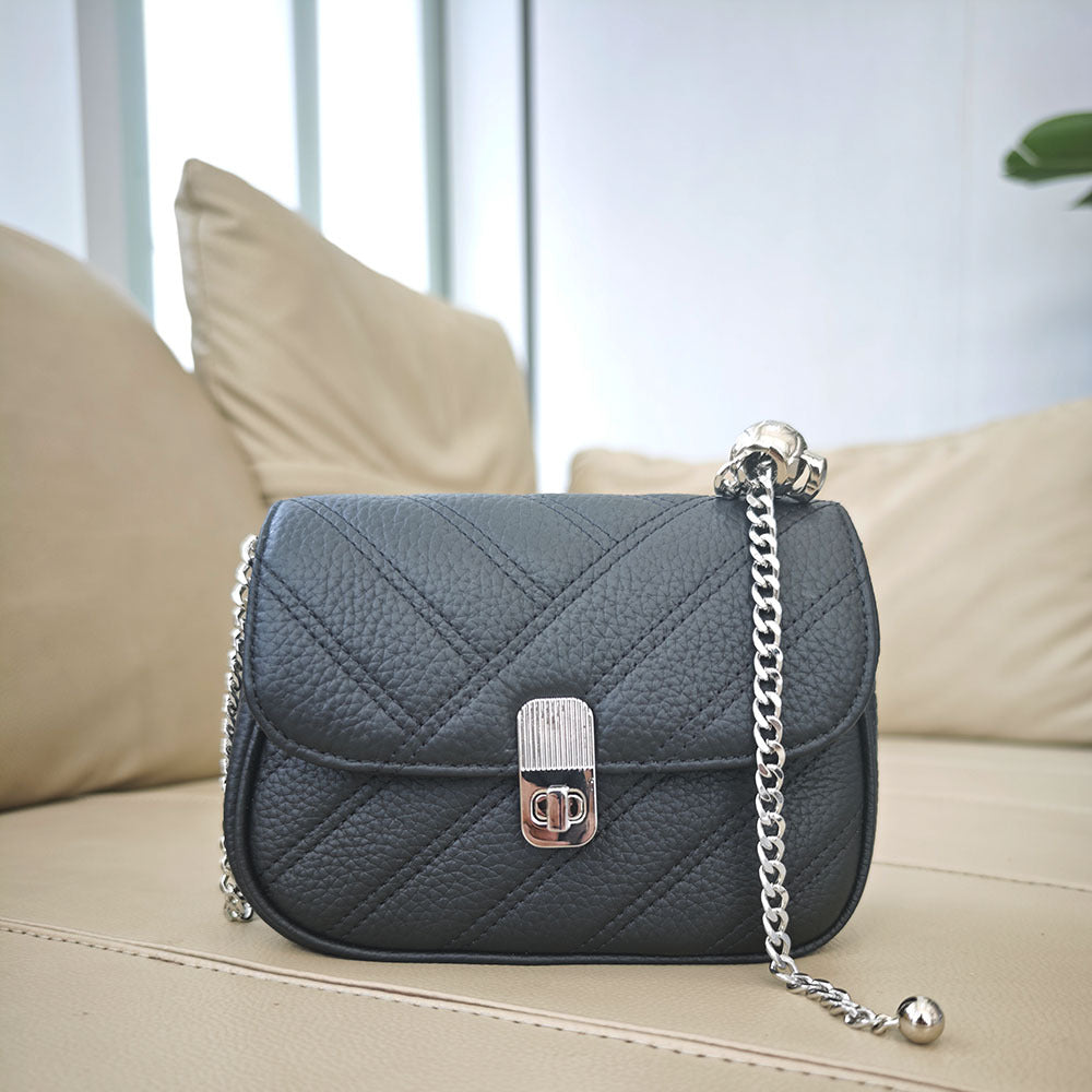 Genuine Leather Women's Bag New Metal Chain Small Square Bag Simple Versatile Chanel Style Single Shoulder Solid Color Embroidered Thread Crossbody Bag - 图片 26
