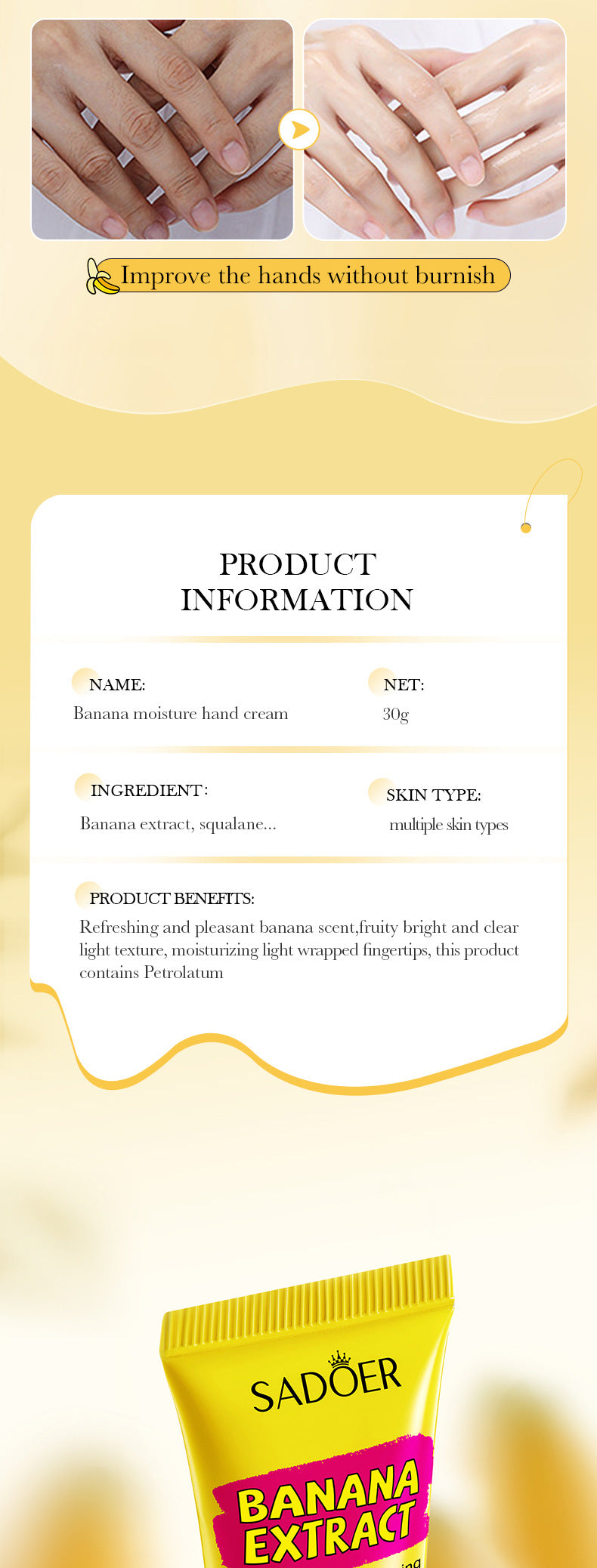 Banana Hydrating Hand Cream30g SADOER Moisturizing and anti-chapped autumn and winter hand cream wholesale - 图片 15