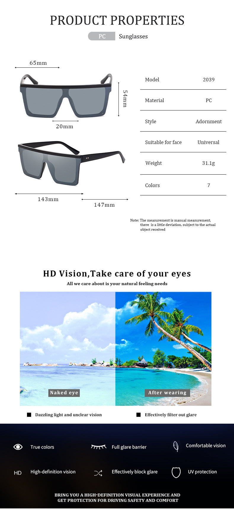 One-piece Lens Sunglasses for Men, High-end Fashion Sunglasses for Women, European and American Style Large Frame Square Glasses sunglasses - 图片 12