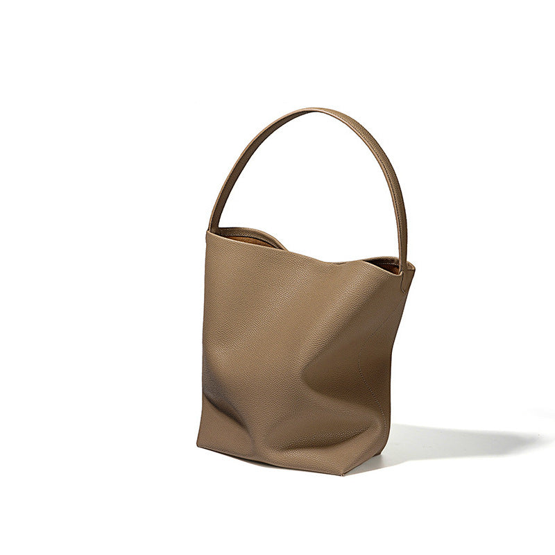 Women's Genuine Leather Underarm Bag, Large Capacity Single Shoulder Tote Bag, Top Layer Cowhide Commuter High-End Bucket Bag - 图片 18