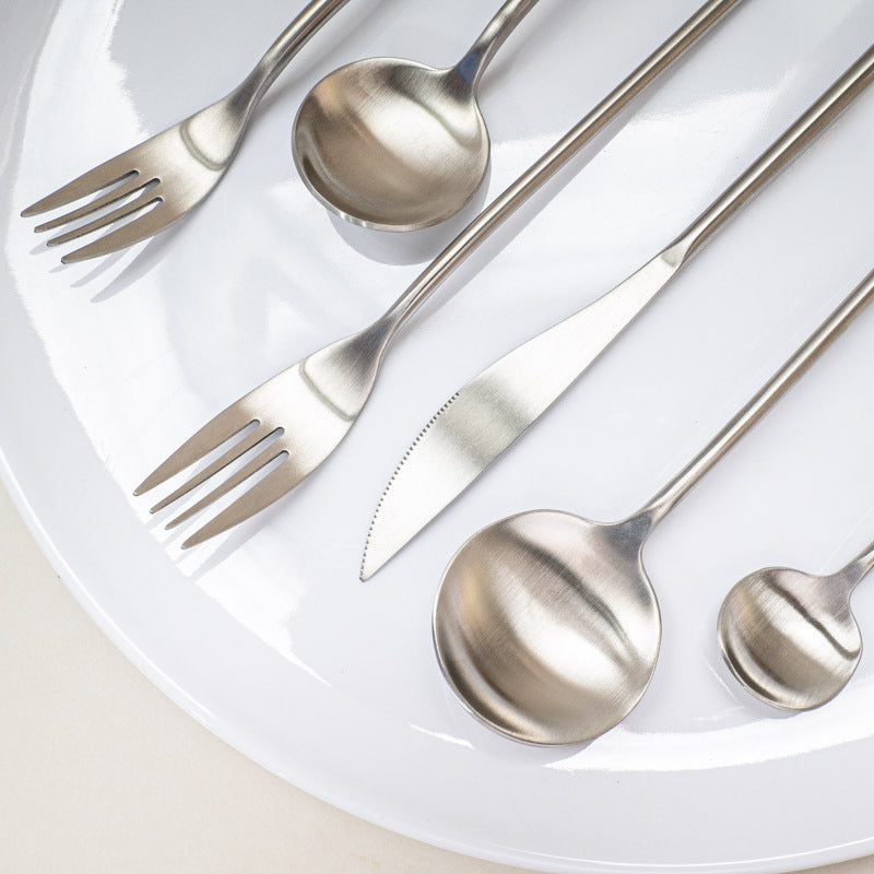 Japanese Style ins304Stainless Steel Thickened Round Dessert Spoon Western Cutlery Set Long Handle Fruit Fork - 图片 16