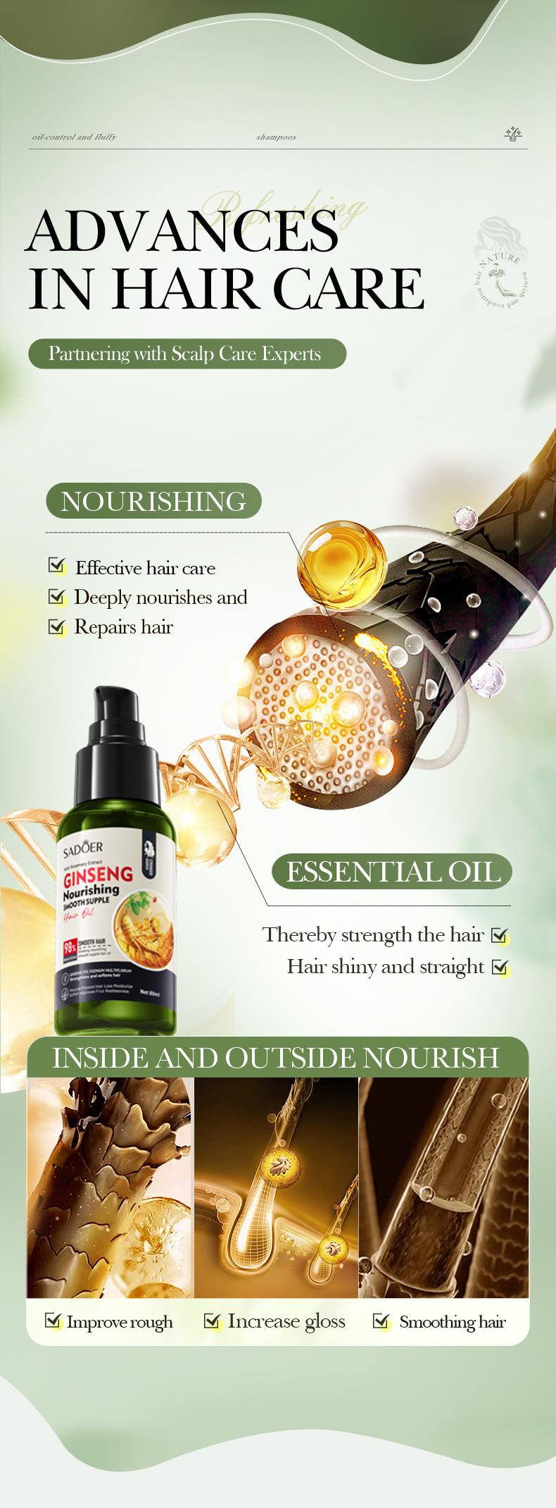 Ginseng and Polygonum Multiflorum Smooth Hair Care Essential Oil60ml SADOER Nourishing Silky Smooth Hair Wholesale - 图片 10