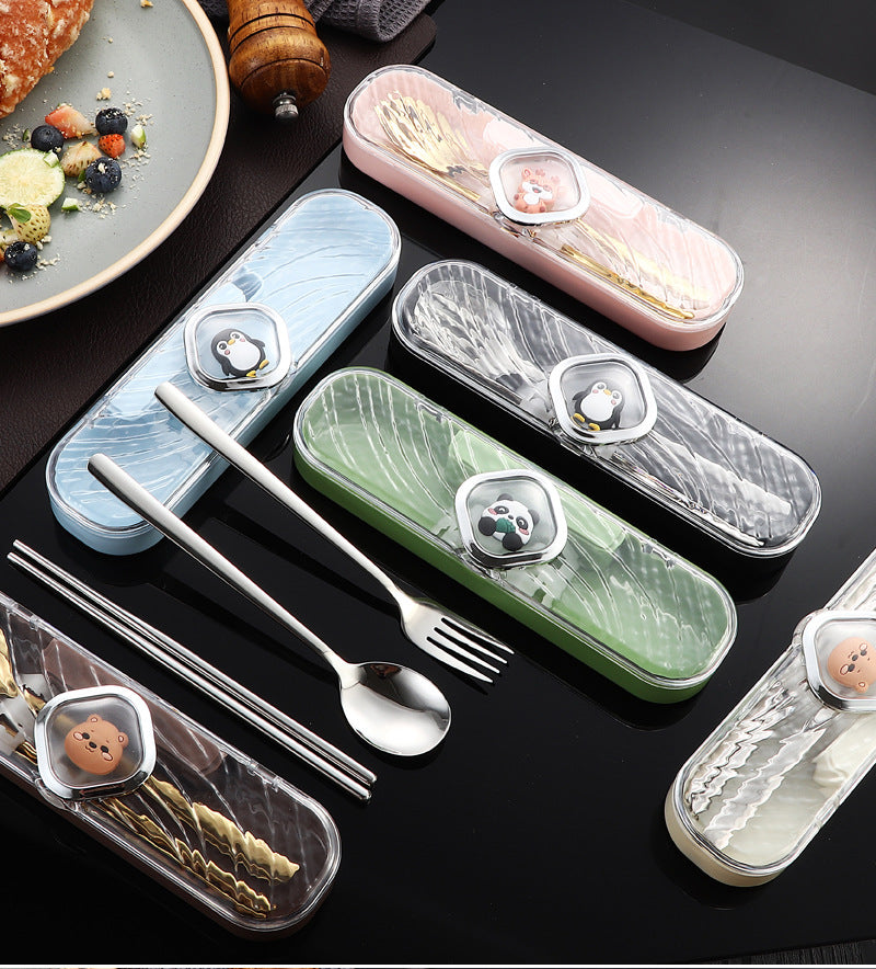304Stainless Steel Tableware Student Cartoon Portable Tableware Set Work Outdoor Fork Spoon Chopsticks Three-piece Set - 图片 46