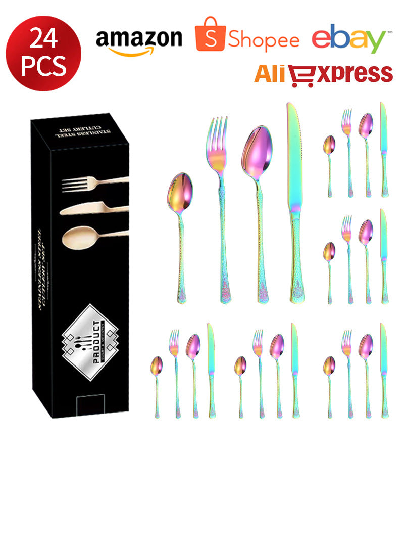 Stainless Steel Tableware Hotel Restaurant Crown Hammered Knife Fork Spoon24Set of Western Steak Knives and Forks - 图片 31