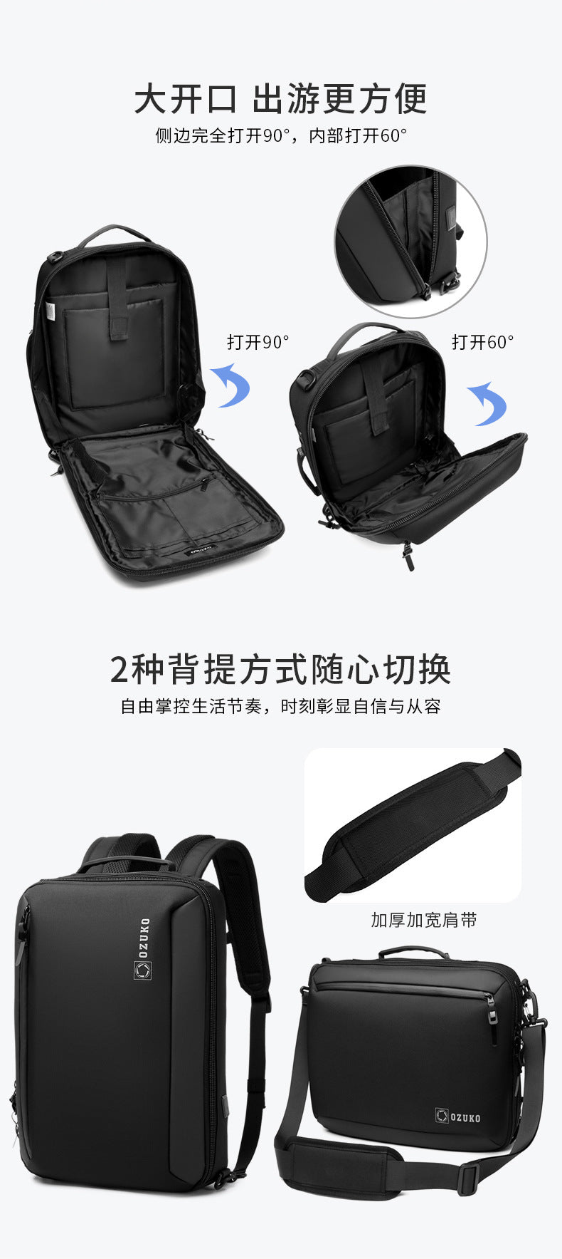 OZUKO Business Backpack Double Shoulder Laptop Bag for Men Lightweight Handheld College Student Commuting Waterproof Notebook Backpack - 图片 14