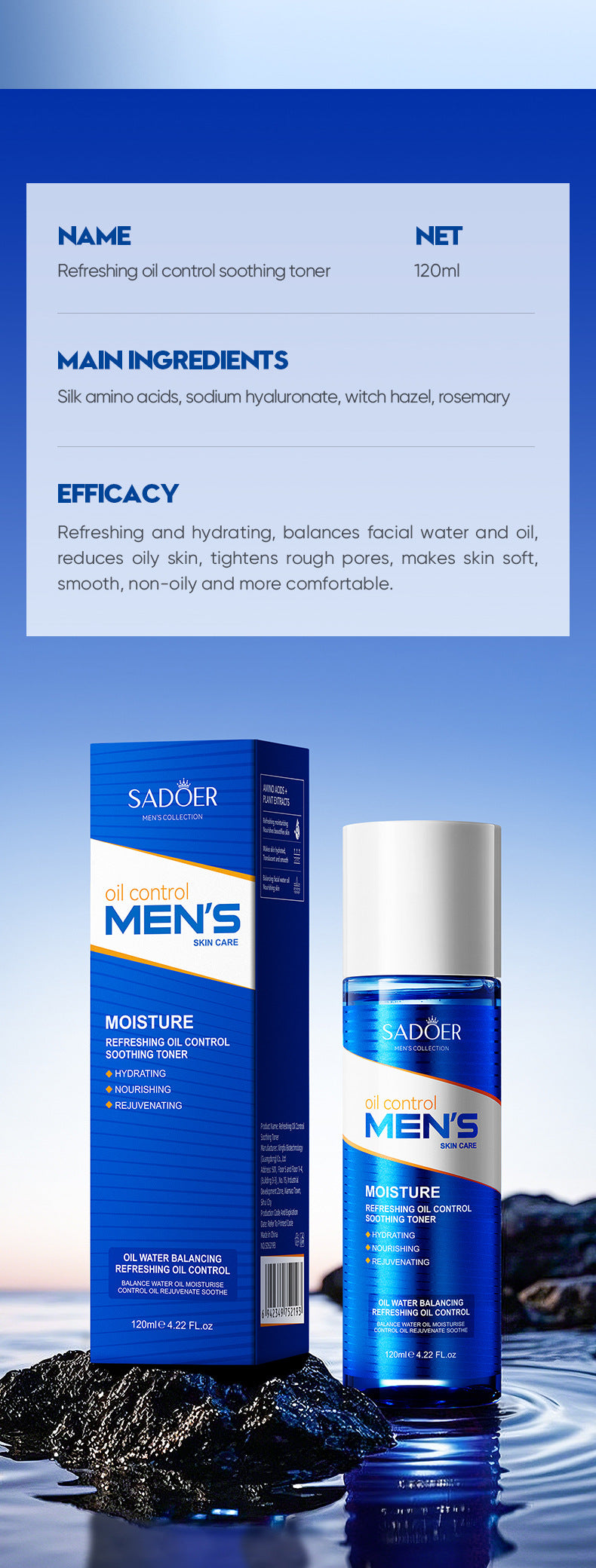 Cross-border toner120ml Men's Refreshing Oil Control Hydrating Moisturizing Water Cross-Border Wholesale - 图片 15