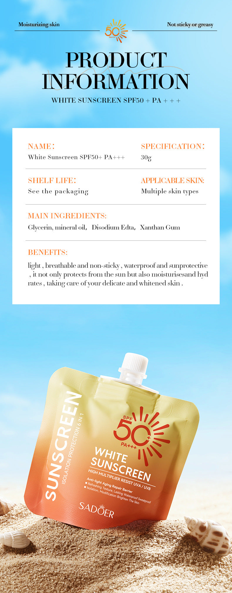 SPF50+Sunscreen30g SADOER Anti-UV Non-Greasy Sunscreen Lotion Cross-Border Wholesale - 图片 13