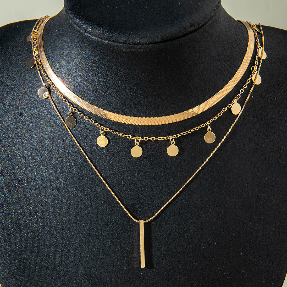 European and American Fashion Collarbone Chain Round Pendant Tassel Multi-layer Stacking Necklace Layered One-word Necklace3Set - 图片 15