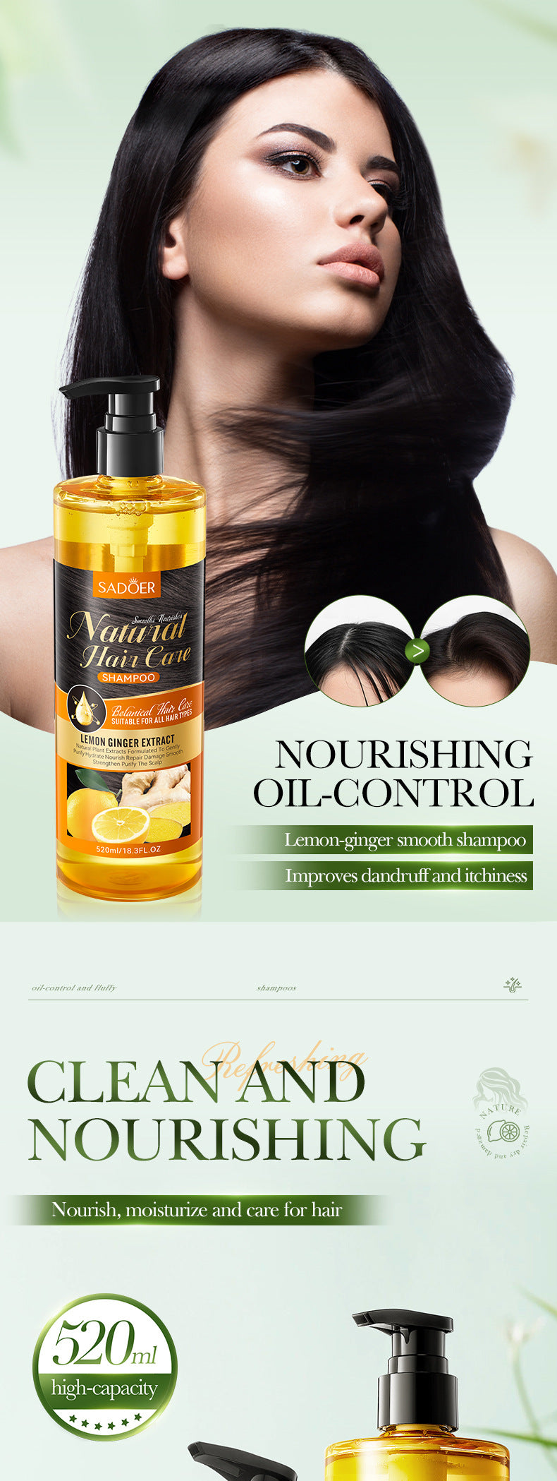 Lemon Ginger Shampoo520ml SADOER Smooth Nourishing Cleansing Shampoo Cross-Border Wholesale - 图片 7
