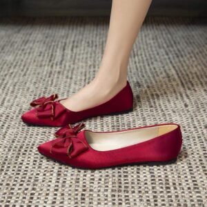 Red Wedding Shoes Bow2025New Women's Single Shoes Spring Autumn Versatile Shallow Mouth Pointed Toe Flat Bride Bridesmaid Shoes Trendy