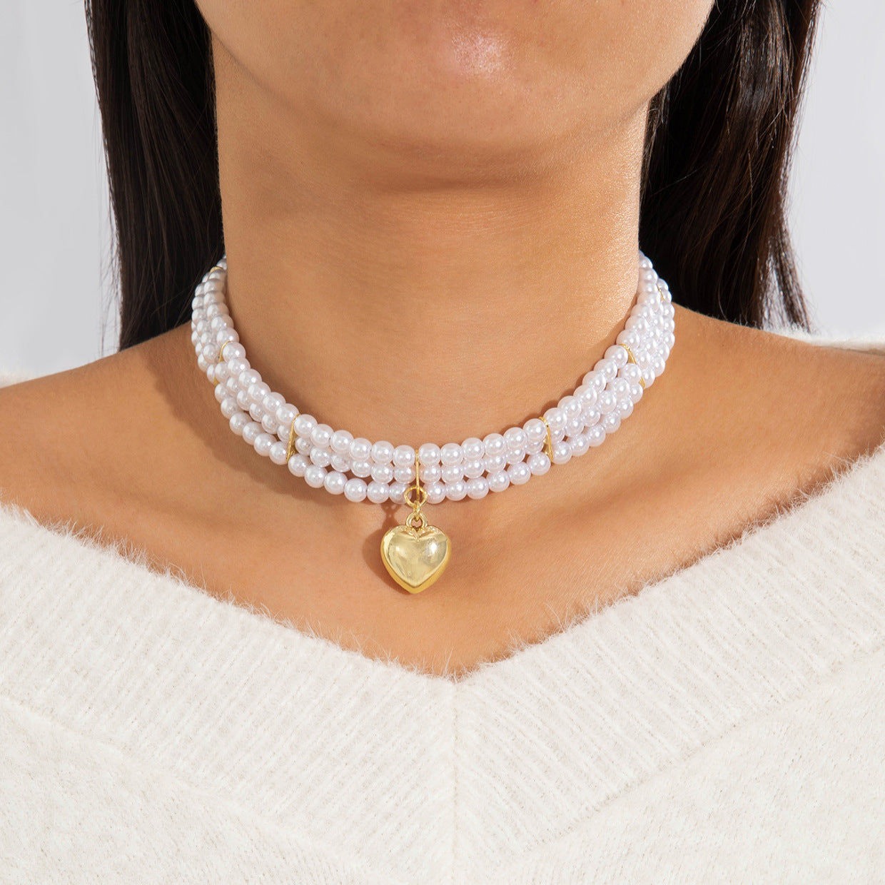 Ornament Layered Wear CCB Peach Heart Necklace Wholesale Baroque Metal Pendant Pearl Necklace - 图片 6