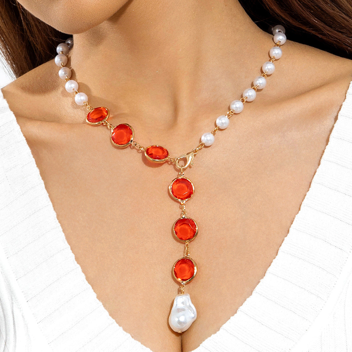 European and American Jewelry Red Diamond Cross Pendant Pearl Necklace Geometric Oval Red Diamond Necklace Wholesale - 图片 5