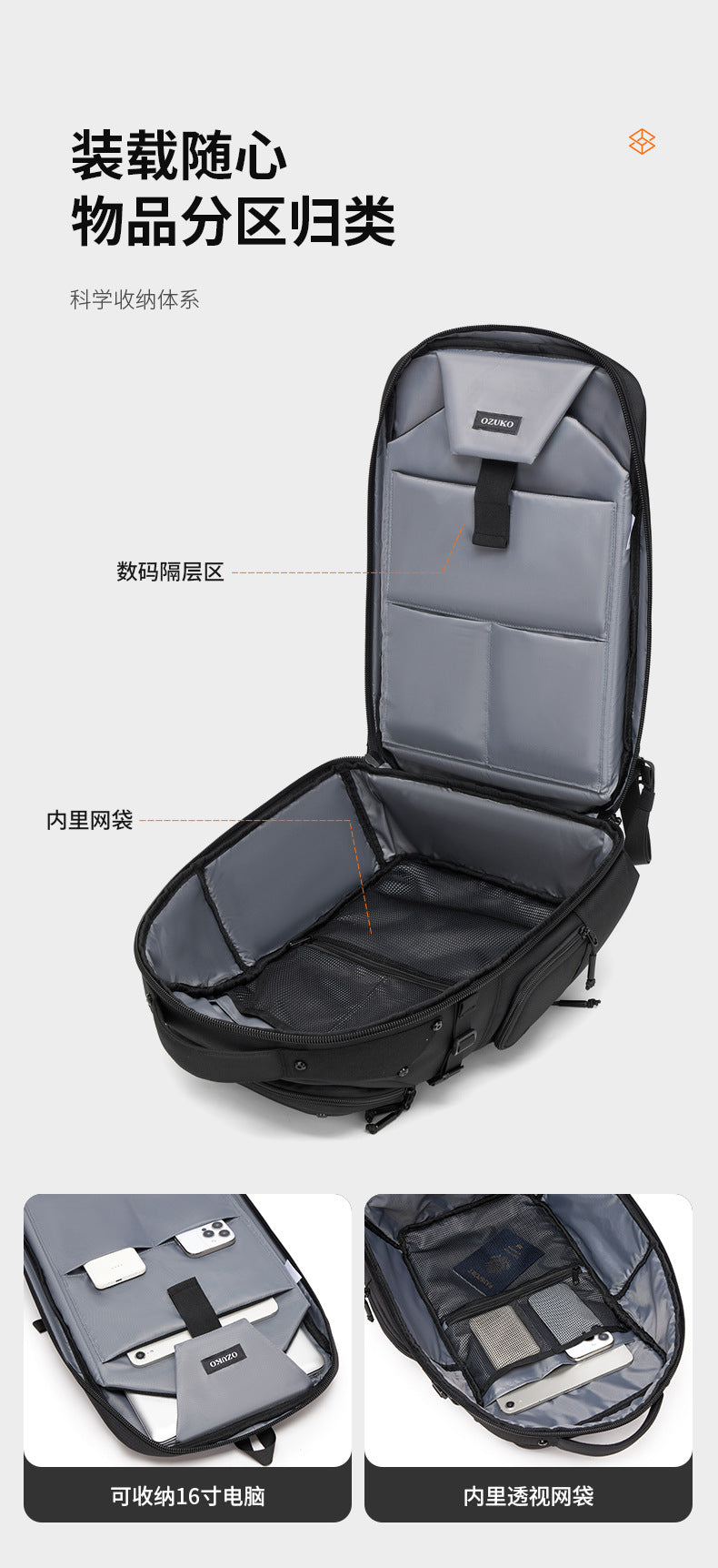 ozuko Business Backpack Men's Large Capacity Waterproof Computer Bag15.6Men's Commuter Backpack with High-End Feel - 图片 10