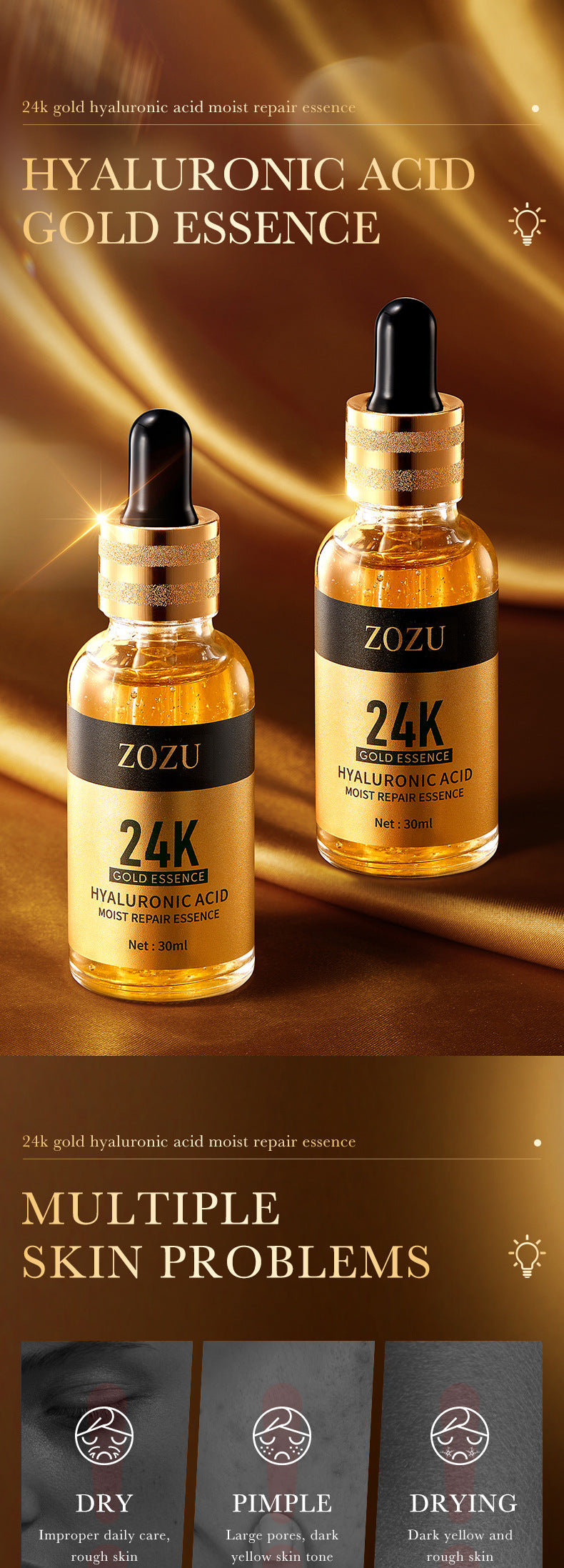 24K Gold Essence ZOZU Hyaluronic acid moisturizing and hydrating skincare wholesale for trade - 图片 6