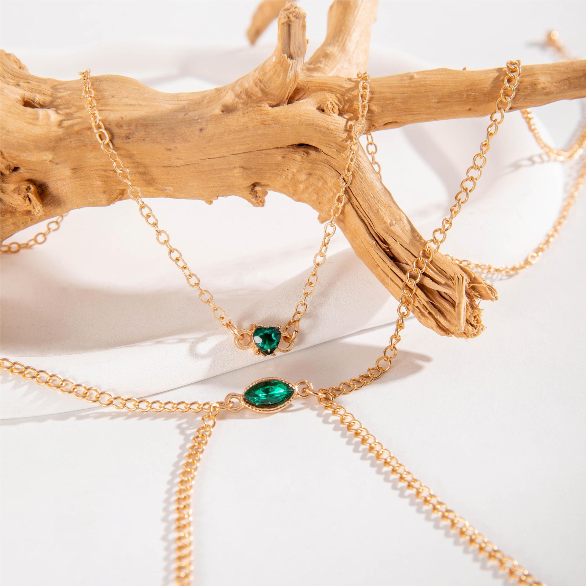 Trendy Simple Men's Body Chain Necklace Fashion Imitation Emerald Heart Hollow Chest Chain with Diamonds - 图片 8