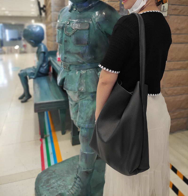 Women's Genuine Leather Underarm Bag, Large Capacity Single Shoulder Tote Bag, Top Layer Cowhide Commuter High-End Bucket Bag - 图片 26