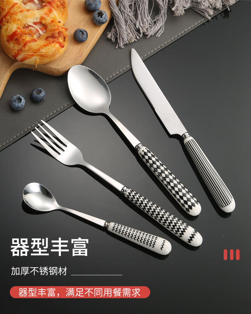 410Stainless Steel Cutlery Restaurant Creative Hepburn Style Ceramic Handle Knife Fork Spoon Tea Spoon Set Western Steak Knife Fork - 图片 13