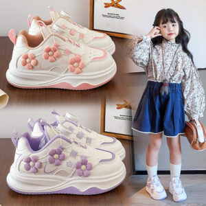 Children's Sports Shoes Spring and Autumn2025New Student Knob Girls' White Sneakers Versatile Casual Girls' Running Shoes