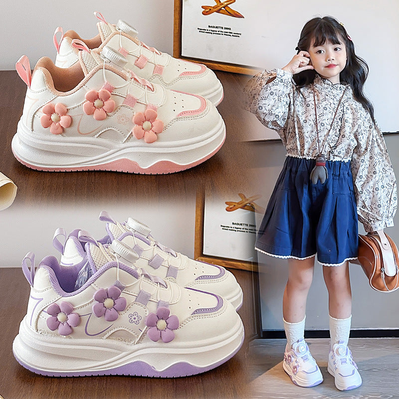 Children's Sports Shoes Spring and Autumn2025New Student Knob Girls' White Sneakers Versatile Casual Girls' Running Shoes